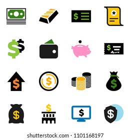 solid vector ixon set - certificate vector, dollar coin, gold ingot, money bag, piggy bank, growth, stack, check, building, receipt, monitor, sign, wallet, shield