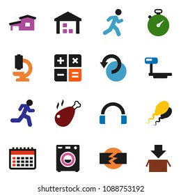 solid vector ixon set - chicken leg vector, stopwatch, calendar, run, warehouse, big scales, headphones, microscope, sperm, undo, disconnection, cottage, washer, calculator, package