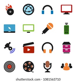 solid vector ixon set - cinema clap vector, film spool, disk, music hit, microphone, satellitie, remote control, internet, headphones, monitor, notebook pc, group