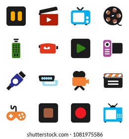 solid vector ixon set - cinema clap vector, film spool, tv, gamepad, video camera, remote control, play button, pause, stop, rec, hdmi