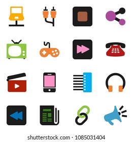 solid vector ixon set - cinema clap vector, newspaper, gamepad, mobile phone, headphones, classic, link, stop button, forward, backward, rca, notebook network, hub, share, tv, loudspeaker
