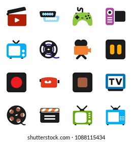 solid vector ixon set - cinema clap vector, film spool, tv, gamepad, video camera, pause button, stop, rec, hdmi