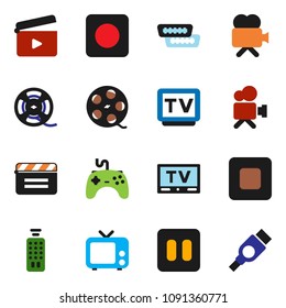 solid vector ixon set - cinema clap vector, film spool, tv, gamepad, video camera, remote control, pause button, stop, rec, hdmi