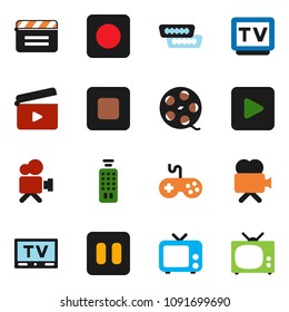 solid vector ixon set - cinema clap vector, film spool, tv, gamepad, video camera, remote control, play button, pause, stop, rec, hdmi
