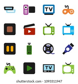 solid vector ixon set - cinema clap vector, film spool, tv, gamepad, video camera, remote control, play button, pause, stop, hdmi