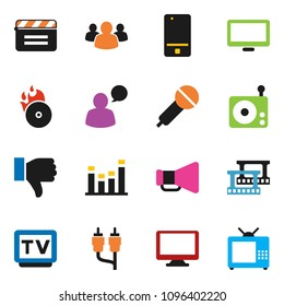 solid vector ixon set - cinema clap vector, film frame, music hit, microphone, radio, loudspeaker, equalizer, tv, mobile phone, speaking man, monitor, group, finger down, rca