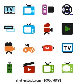 solid vector ixon set - cinema clap vector, film spool, tv, gamepad, video camera, remote control, play button, hdmi