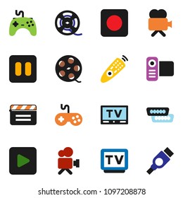 solid vector ixon set - cinema clap vector, film spool, gamepad, tv, video camera, remote control, play button, pause, rec, hdmi