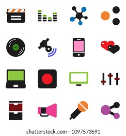 solid vector ixon set - cinema clap vector, disk, microphone, satellitie, loudspeaker, settings, equalizer, mobile phone, monitor, notebook pc, social media, heart, rec button, share
