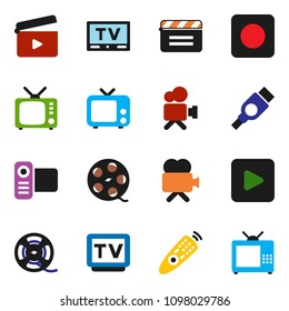 solid vector ixon set - cinema clap vector, film spool, tv, video camera, remote control, play button, rec, hdmi