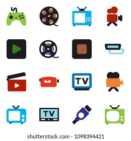 solid vector ixon set - cinema clap vector, film spool, tv, gamepad, video camera, play button, stop, hdmi