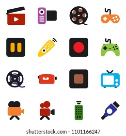 solid vector ixon set - cinema clap vector, film spool, tv, gamepad, video camera, remote control, pause button, stop, rec, hdmi