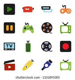 solid vector ixon set - cinema clap vector, film spool, tv, gamepad, video camera, remote control, play button, pause, rec, hdmi
