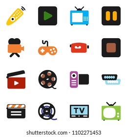 solid vector ixon set - cinema clap vector, film spool, gamepad, tv, video camera, remote control, play button, pause, stop, hdmi