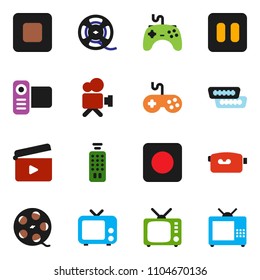 solid vector ixon set - cinema clap vector, film spool, tv, gamepad, video camera, remote control, pause button, stop, rec, hdmi