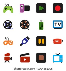 solid vector ixon set - cinema clap vector, film spool, gamepad, tv, video camera, remote control, play button, pause, stop, rec, hdmi