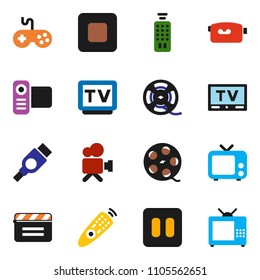 solid vector ixon set - cinema clap vector, film spool, tv, gamepad, video camera, remote control, pause button, stop, hdmi