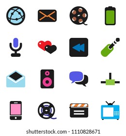 solid vector ixon set - cinema clap vector, film spool, microphone, internet, mobile phone, dialog, speaker, heart, battery, mail, backward button, jack, connect, tv