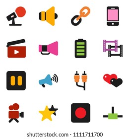 solid vector ixon set - cinema clap vector, film frame, microphone, speaker, loudspeaker, video camera, mobile phone, link, favorites, heart, battery, pause button, rec, rca, connect