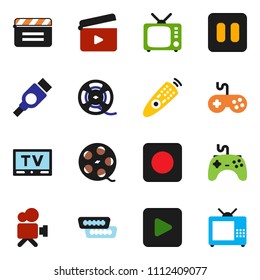 solid vector ixon set - cinema clap vector, film spool, tv, gamepad, video camera, remote control, play button, pause, rec, hdmi