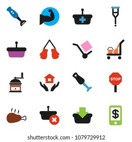 solid vector ixon set - cleaner trolley vector, house hold, hand mill, blender, chicken leg, muscule, boxing glove, cargo, crutches, stop, basket, tap pay