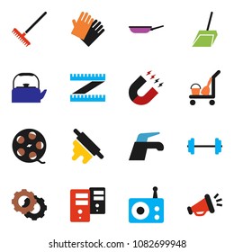 solid vector ixon set - cleaner trolley vector, water tap, scoop, rake, rubber glove, pan, kettle, rolling pin, magnet, barbell, measuring, film spool, radio, server, gear, loudspeaker