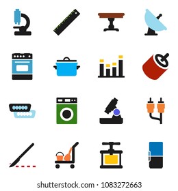 solid vector ixon set - cleaner trolley vector, washer, pan, cook press, oven, ruler, microscope, satellite antenna, equalizer, rca, hdmi, scalpel, table, fridge