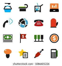 solid vector ixon set - cleaner trolley vector, steaming, washing powder, cook glove, mushroom, dollar coin, laptop graph, flag, money, classic phone, jack, tomography, connection, server, favorites