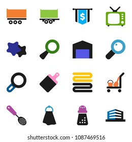 solid vector ixon set - cleaner trolley vector, towel, splotch, skimmer, cutting board, hand mill, dollar flag, truck trailer, tv, magnifier, barn, office building