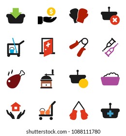 solid vector ixon set - cleaner trolley vector, foam basin, house hold, hand mill, chicken leg, investment, trainer, boxing glove, crutches, medical room, basket
