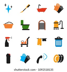 solid vector ixon set - cleaner trolley vector, vacuum, trash bin, car fetlock, shining, steaming, bath, toilet, drying clothes, foam basin, sprayer, cleaning agent, rubber glove, washboard, plates