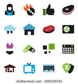 solid vector ixon set - cleaner woman vector, steak, swimsuite, calendar, music hit, tv, finger up, pills, cloud exchange, home, loading, barn, ari condition, barcode, dollar shield