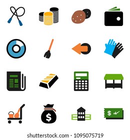solid vector ixon set - cleaner trolley vector, broom, rubber glove, potato, school building, calculator, gold ingot, pie graph, wallet, money bag, coin stack, jump rope, newspaper, arrow, market