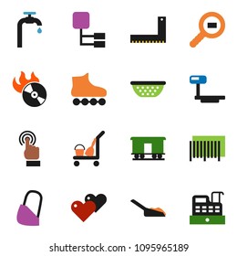 solid vector ixon set - cleaner trolley vector, scoop, colander, corner ruler, roller Skates, big scales, cargo search, Railway carriage, music hit, touchscreen, heart, bandage, hierarchy, barcode