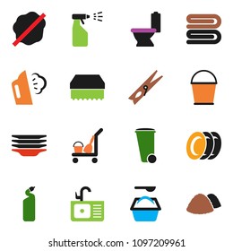 solid vector ixon set - cleaner trolley vector, bucket, clothespin, sponge, towel, trash bin, splotch, steaming, toilet, washing powder, sprayer, cleaning agent, plates, sink, garbage pile