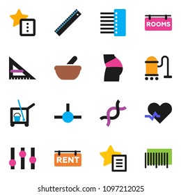 solid vector ixon set - cleaner trolley vector, vacuum, corner ruler, buttocks, settings, heart pulse, dna, mortar, connect, hub, favorites, rent signboard, rooms, barcode