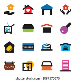 solid vector ixon set - cleaner trolley vector, sponge, welcome mat, house hold, dry cargo, warehouse, garage, plan, rooms signboard, office building, key, love home, smart