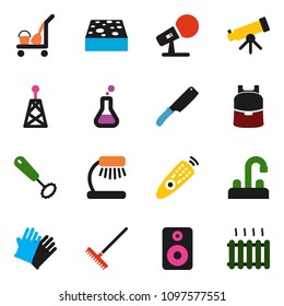 solid vector ixon set - cleaner trolley vector, rake, sponge, rubber glove, water tap, whisk, knife, backpack, telescope, table lamp, microphone, antenna, remote control, speaker, flask, heating