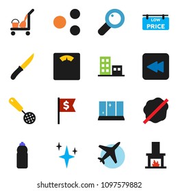solid vector ixon set - cleaner trolley vector, shining, splotch, window, skimmer, knife, dollar flag, scales, water bottle, plane, backward button, magnifier, share, low price signboard, apartments