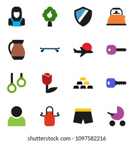 solid vector ixon set - cleaner woman vector, kettle, apron, jug, gold ingot, shorts, skateboard, gymnast rings, plane, tulip, shield, user, key, fruit tree, baby stroller