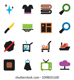 solid vector ixon set - cleaner trolley vector, towel, shining, window cleaning, splotch, knife, magnifier, t shirt, ship, truck trailer, tv, stop button, cloud network