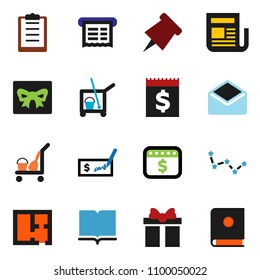 solid vector ixon set - cleaner trolley vector, book, paper pin, constellation, check, dollar calendar, receipt, clipboard, newspaper, mail, plan, gift, catalog