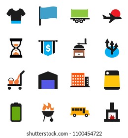 solid vector ixon set - cleaner trolley vector, cutting board, hand mill, bbq, school bus, flag, sand clock, dollar, t shirt, plane, truck trailer, battery, route arrow, barn, apartments, fireplace