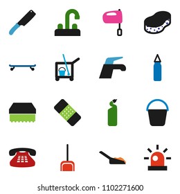 solid vector ixon set - cleaner trolley vector, water tap, scoop, bucket, sponge, cleaning agent, knife, mixer, punching bag, skateboard, classic phone, patch, siren
