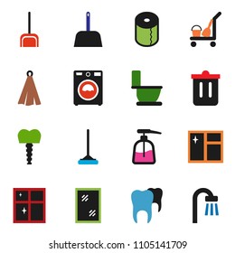 solid vector ixon set - cleaner trolley vector, mop, scoop, trash bin, window cleaning, toilet, washer, liquid soap, shining, paper, towel, tooth, implant, bath