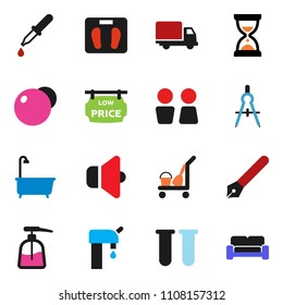 solid vector ixon set - cleaner trolley vector, bath, liquid soap, water closet, pen, drawing compass, sand clock, scales, fitball, delivery, speaker, vial, dropper, supply, low price signboard