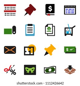 solid vector ixon set - cleaner trolley vector, schedule, clipboard, paper pin, exam, cash, annual report, fitness mat, mail, plan, estate document, gift, check, coupon, package