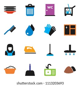 solid vector ixon set - cleaner trolley vector, vacuum, fetlock, mop, scoop, trash bin, water drop, window cleaning, iron, foam basin, rubber glove, plates, closet, sink, woman, garbage pile