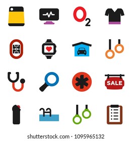 solid vector ixon set - cleaning agent vector, cutting board, magnifier, t shirt, heart monitor, gymnast rings, oxygen, stadium, ambulance star, stethoscope, diagnostic, pool, garage, sale signboard