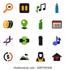 solid vector ixon set - cleaning agent vector, plates, cleaner woman, music, exchange, punching bag, calendar, cargo search, pause button, dna, connection, pin, mountain, love home